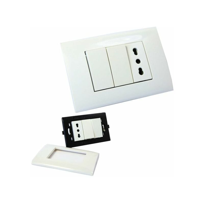 foto del prodotto topolenashop placca placchetta 3 posti completa 2 interruttori presa bipasso incasso 503
