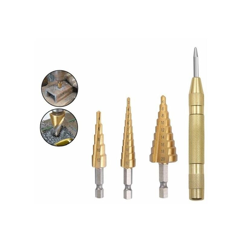 foto del prodotto topolenashop set 1 punteruolo a scatto 3 punte frese coniche a scalino n.501059