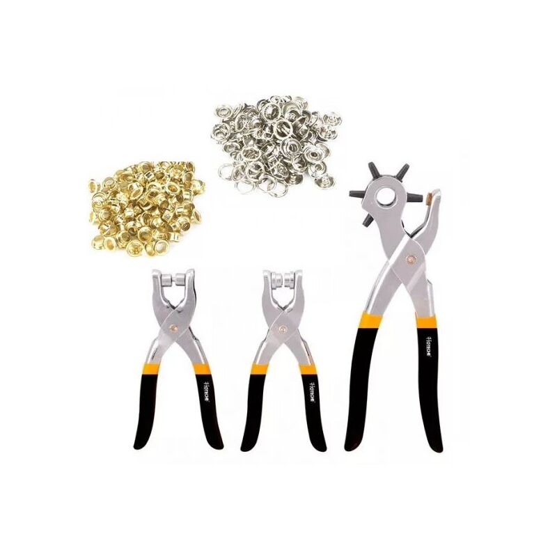 foto del prodotto topolenashop set 3 pinze fustellatrice occhiellatrice cuoio cintura 100 occhielli 50 borchie