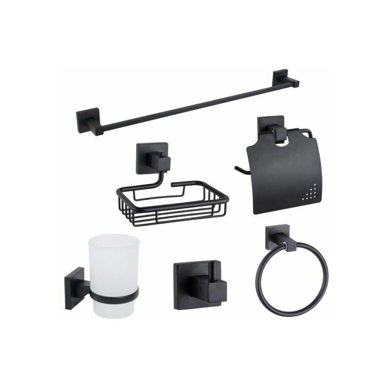 foto del prodotto topolenashop set da bagno 6 pezzi in acciaio nero e vetro accessori bagno moderno 87261