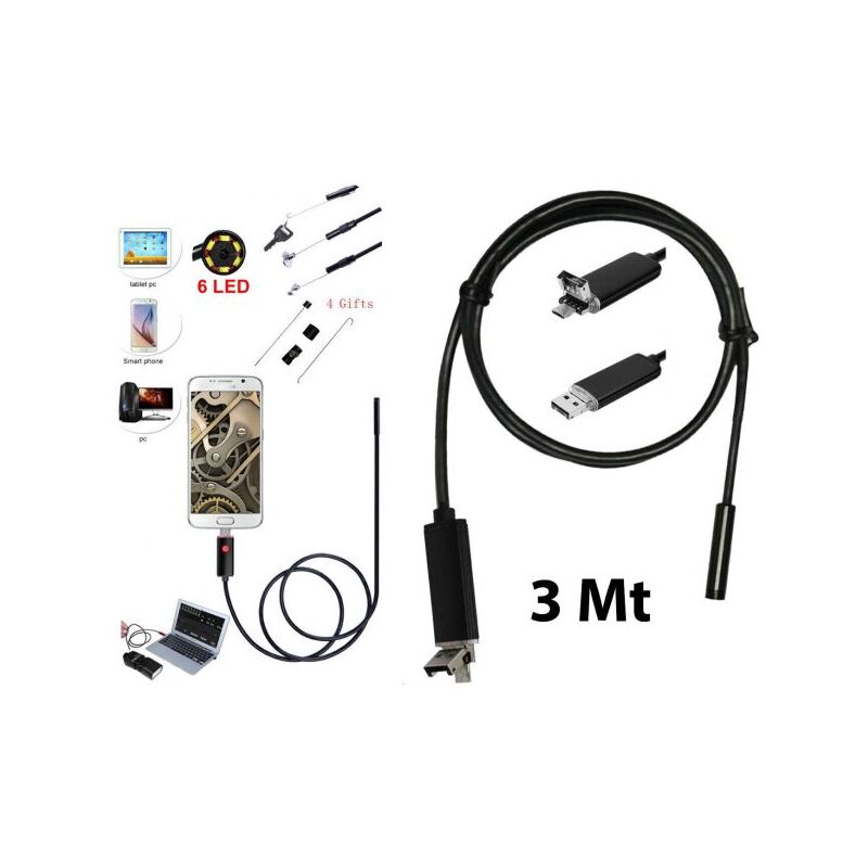 foto del prodotto topolenashop telecamera endoscopica 6 led tubo flessibile usb 3 mt impermeabile ispezione