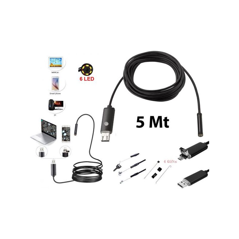 foto del prodotto topolenashop telecamera endoscopica 6 led tubo flessibile usb 5 mt impermeabile ispezione