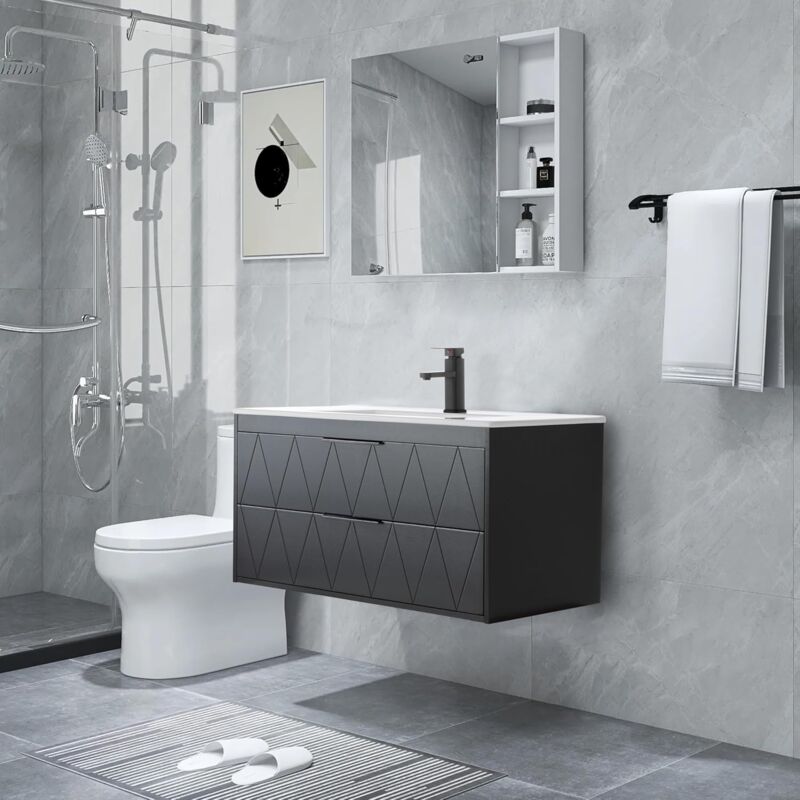 foto del prodotto torana uev 90cm mobile bagno sospeso con lavabo in ceramica, lavandino bagno con 2 cassetti, lavandino bagno con mobiletto moderno, soft close, nero