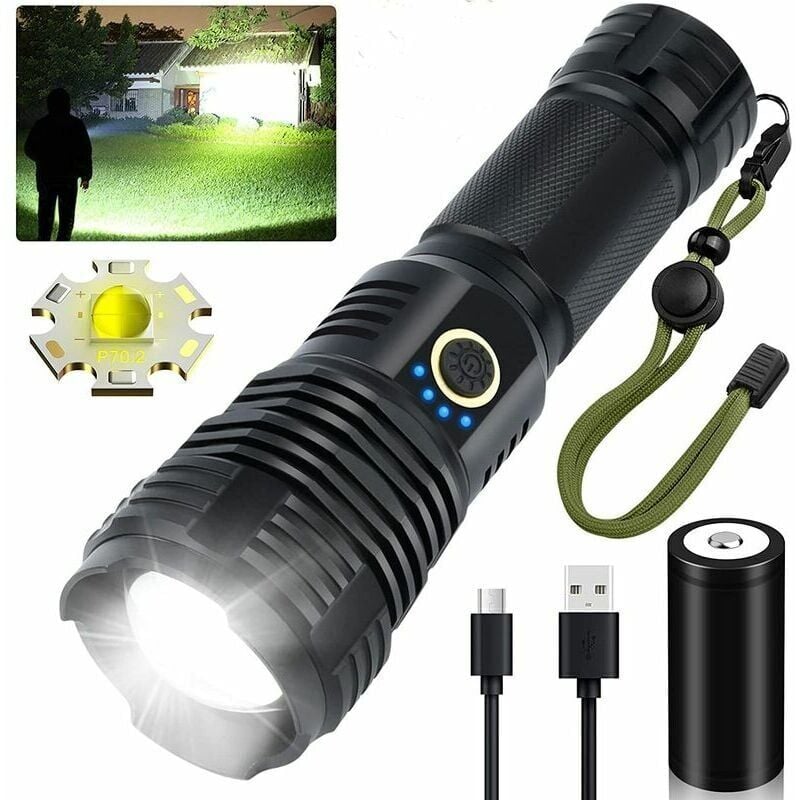 foto del prodotto torce led ricaricabili ad alta luminosit crediri, torce tattiche super luminose da 90000 lumen, torcia impermeabile con zoom xhp70.2, 5 modalit per