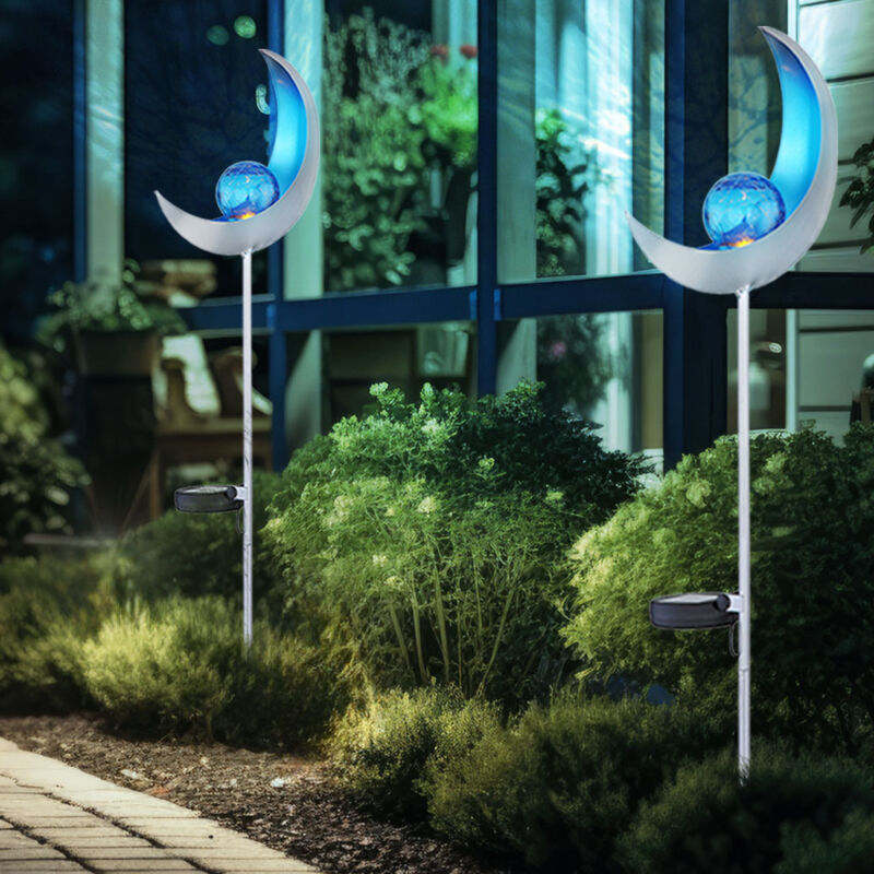 foto del prodotto torce solari luna decorazione giardino giardino, lampada solare, luce solare esterna, effetto luce blu, vetro craquel , ip44, led bianco freddo, h 90