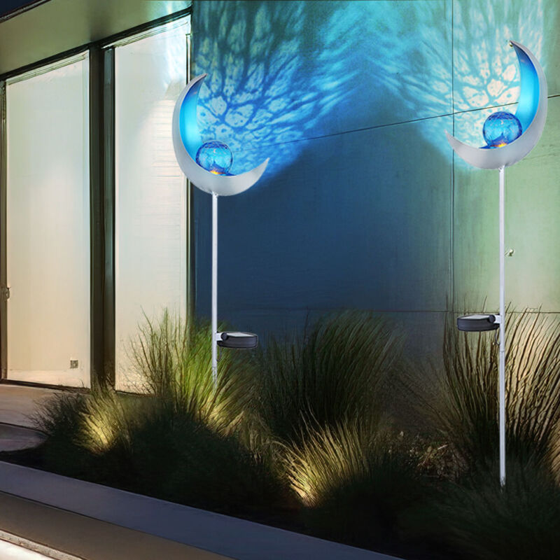 foto del prodotto torce solari luna decorazione giardino giardino, lampada solare, luce solare esterna, effetto luce blu, vetro craquelé, ip44, led bianco freddo, h 90 cm, balcone giardino, set di 2