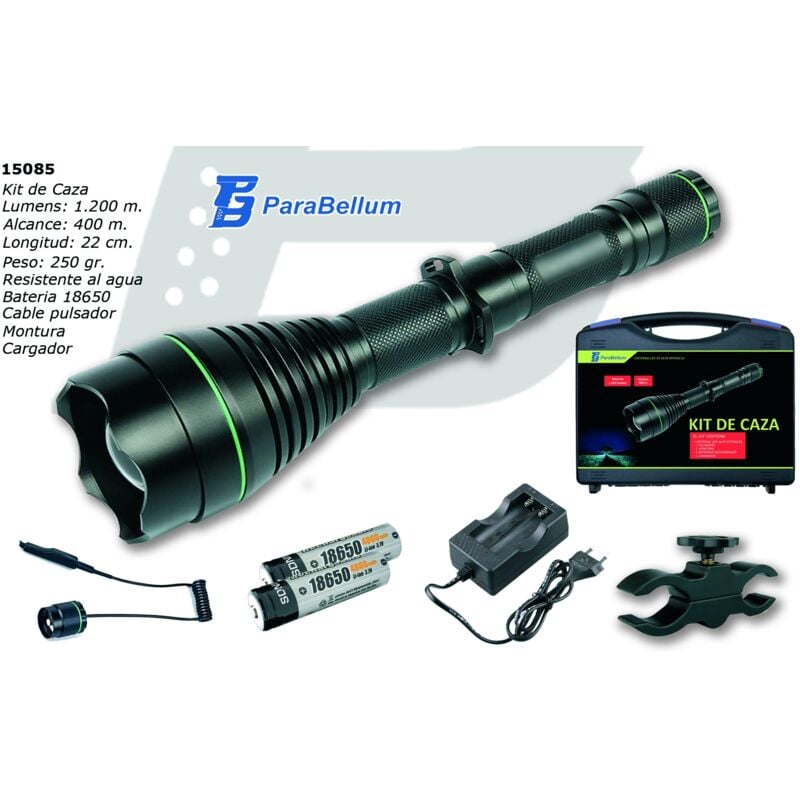 foto del prodotto torcia da caccia 1200 lumens, con caricabatterie, cavo di prolunga e custodia parabellum 15085