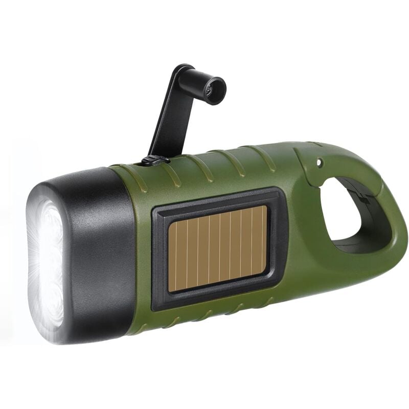 foto del prodotto torcia di emergenza a led, torcia solare ricaricabile, torce dinamo con moschettone, mini torcia a manovella con pannello solare per