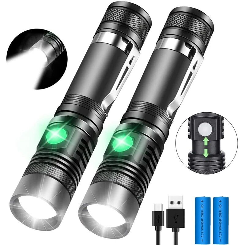 foto del prodotto torcia elettrica ricaricabile usb mini portatile da esterno luce forte zoom tiro lungo, 2 pezzi