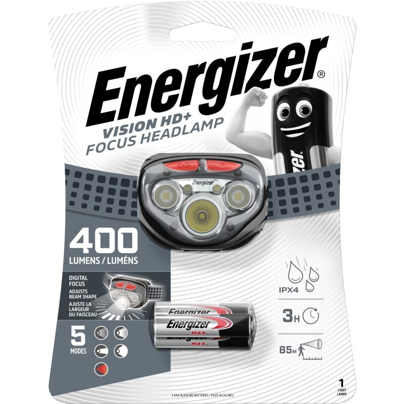 foto del prodotto torcia frontale, vision hd focus lampada frontale, batteria inclusa energizer