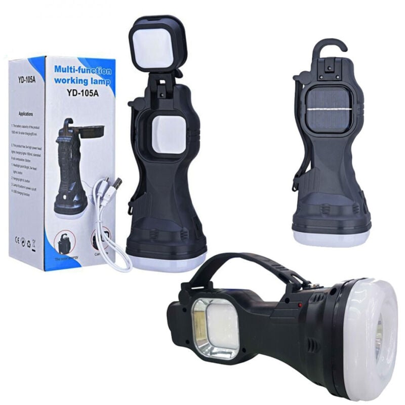 foto del prodotto torcia lampada emergenza 26 led smd cob ricaricabile portatile pannello solare trade shop traesio
