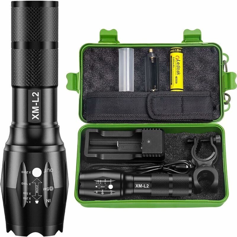 foto del prodotto torcia led cree ultra potente, torcia militare tattica da 2000 lumen, zoomabile impermeabile ip65 5 modalit di illuminazione con batteria 18650 per