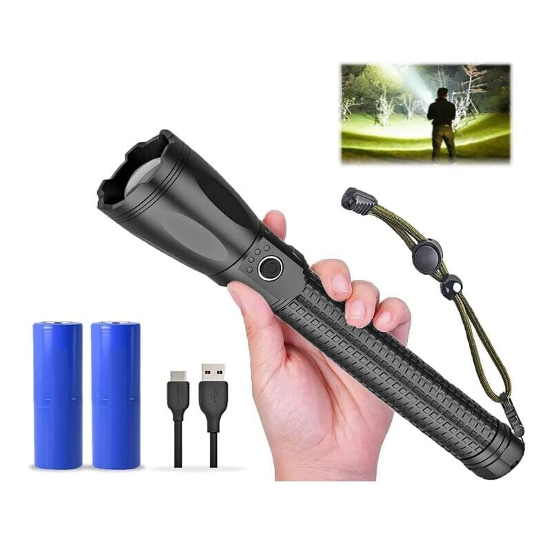 foto del prodotto torcia led da 15000 lumen, torcia ricaricabile versione aggiornata, torcia da campeggio super luminosa, xhp70.2, impermeabile ip56, zoomabile nero 