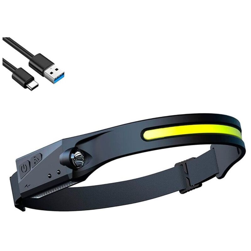 foto del prodotto torcia led frontale, 5w, 350 lumen, con doppia illuminazione e sensore di movimento, ricarica usb velamp ih524