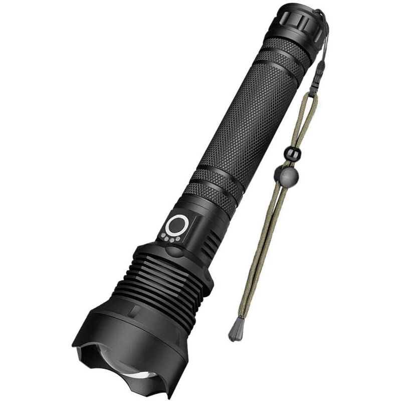 foto del prodotto torcia led in metallo crediri, torcia impermeabile xhp70 da 90.000 lumen, regolabile e zoomabile, ultra potente