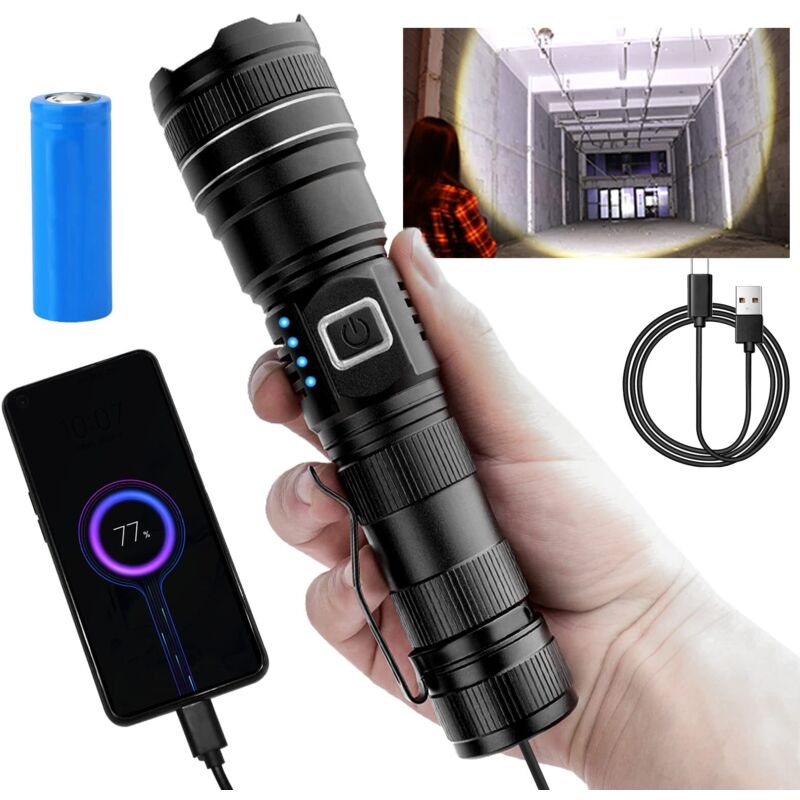 foto del prodotto torcia led potente da 12000lm, torcia zoomabile impermeabile ip65, dotata di batteria ricaricabile da 5000 mah, torcia led militare in alluminio per
