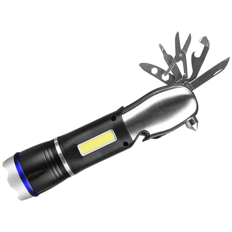 foto del prodotto torcia led ricaricabile multifunzione tagliacintura rompivetro coltello multiuso