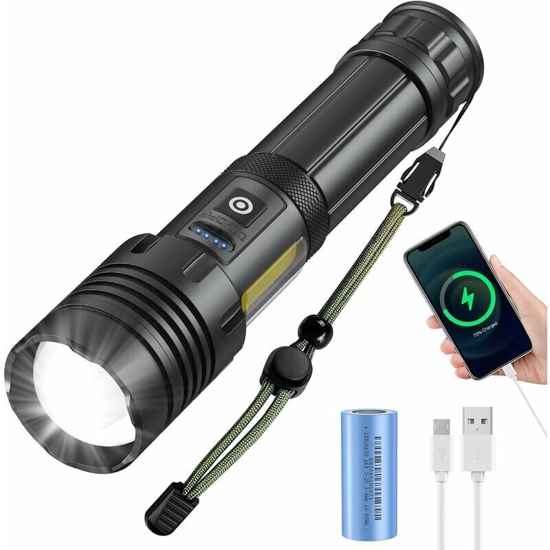 foto del prodotto torcia led ricaricabile super potente, 2000 lumen, con batteria inclusa , luce tattica zoom impermeabile, campeggio, viaggio, illuminazione