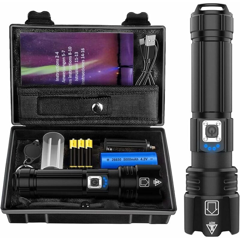foto del prodotto torcia led ultra potente, 10000 lumen ricaricabile, torcia tattica impermeabile ip67, torce p70 5 modalit , zoomabile, per campeggio, escursionismo,