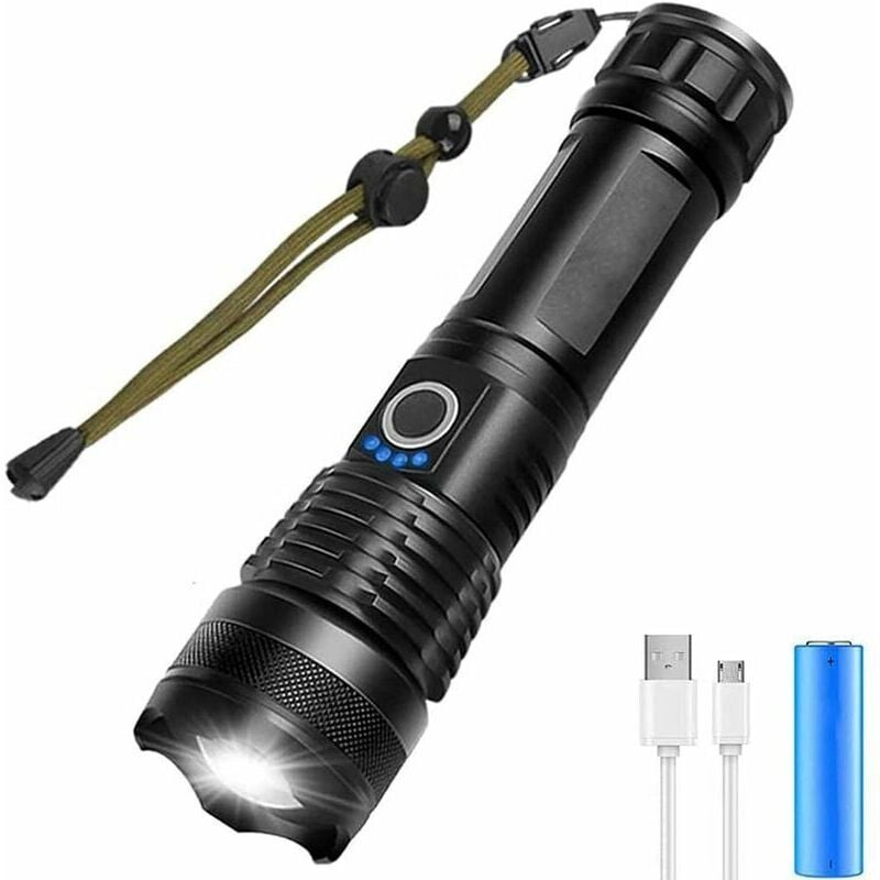 foto del prodotto torcia led ultra potente 5000 lumen ricaricabile tramite usb, torcia tattica estremamente luminosa, 5 modalit zoomabile torcia impermeabile