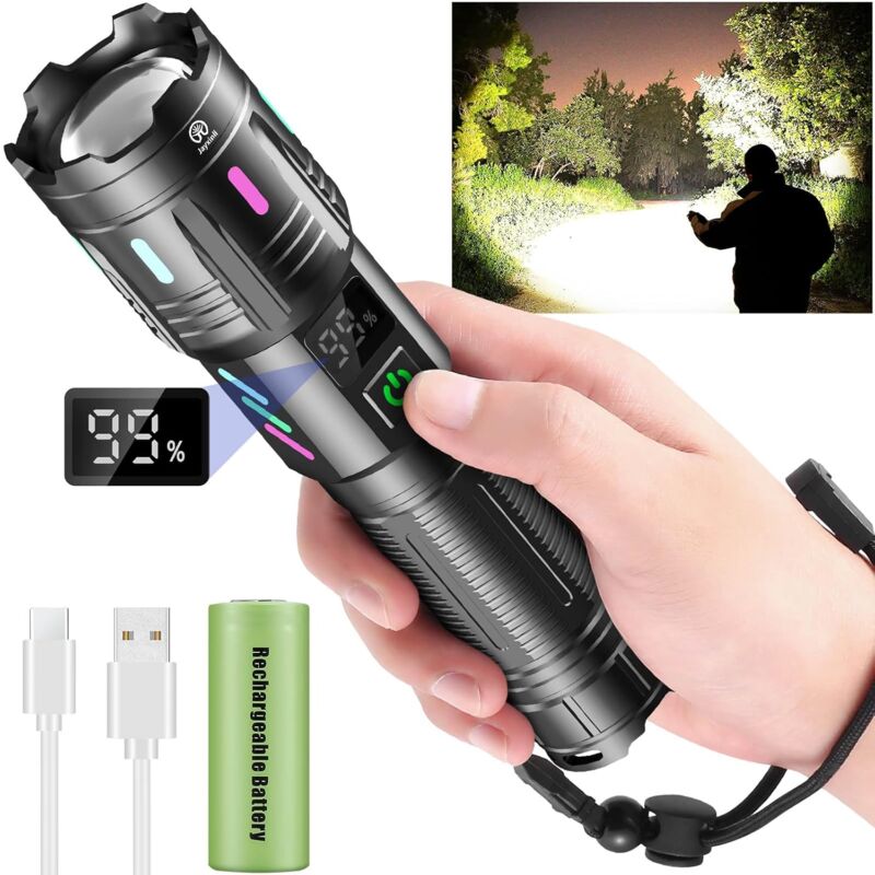 foto del prodotto torcia led ultra potente 500000 lumen, ricaricabile, a lungo raggio, tattica, zoomabile, 5 modalit di illuminazione, display lcd di potenza classe