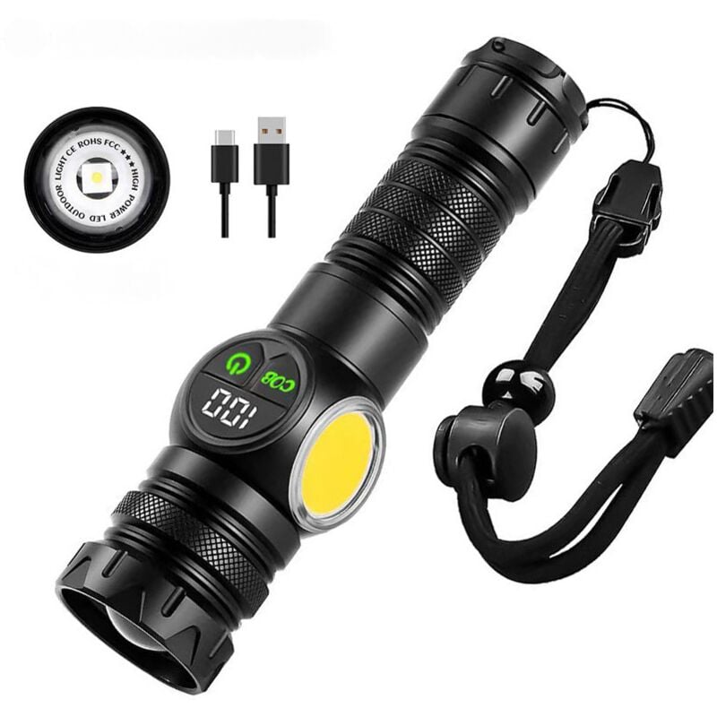 foto del prodotto torcia led ultra potente, torcia ricaricabile da 2000 lumen, torcia magnetizzata con display digitale lcd, luci laterali cob, 9 modalit di