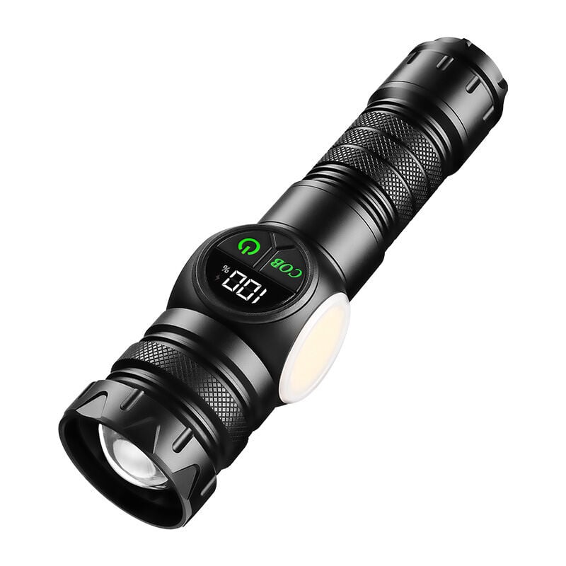 foto del prodotto torcia led ultra potente, torcia ricaricabile da 500000 lumen, torcia magnetica con display lcd di potenza, luci laterali cob, doppia commutazione