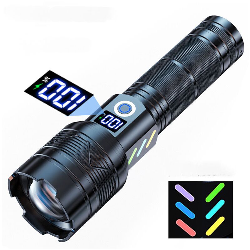 foto del prodotto torcia led ultra potente, torcia ricaricabile tramite usb, torcia militare ad alta potenza, torcia con batteria 26650, 5 modalit , ip65 impermeabile