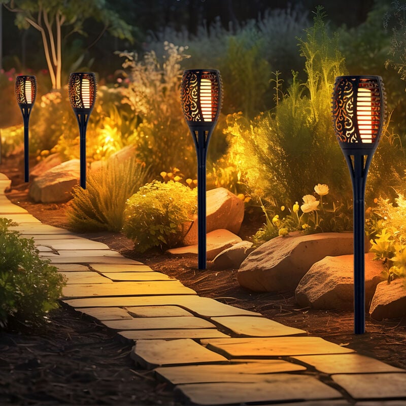 foto del prodotto torcia solare effetto fuoco, torcia solare, effetto fiamma, lampada da giardino, torcia nera, plastica, lampadina led arancione tremolante, h 78 cm,