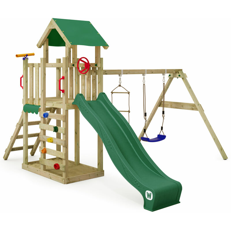 foto del prodotto torre da gioco per arrampicata multiflyer light, altalena e scivolo, torre da arrampicata per bambini all aperto con sabbiera, scala e accessori da
