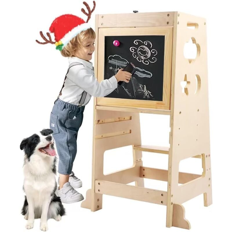 foto del prodotto torre di apprendimento per bambini, baby tower con 2 lavagne riscrivibili, kitchen aid, 3 altezze regolabili, barre di sicurezza, piedini in legno
