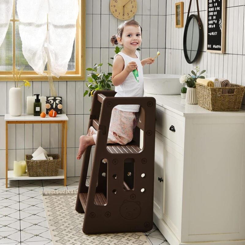 foto del prodotto torre di apprendimento, torre montessoriana in plastica con ripiani regolabili, sgabello comodo per bambini, pedane binario di sicurezza per cucina,