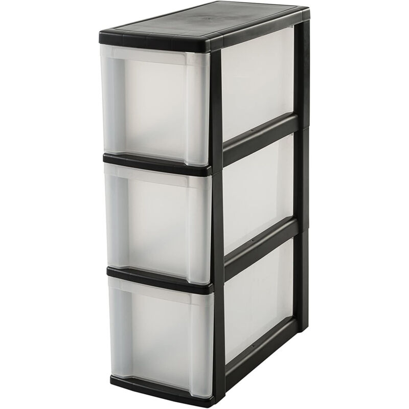 foto del prodotto torre di stoccaggio in plastica, cassetto da scrivania da 10 litri, 3 cassetti, con ruote, nsc 203, nero, maniglia ergonomica l40 x p20 x a62 cm