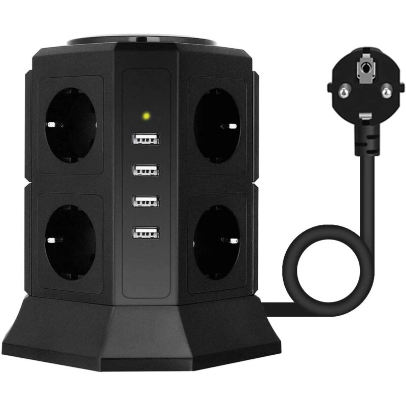 foto del prodotto torre multipresa a 8 prese 2500w 10a con 4 porte usb protezione contro le sovratensioni nero