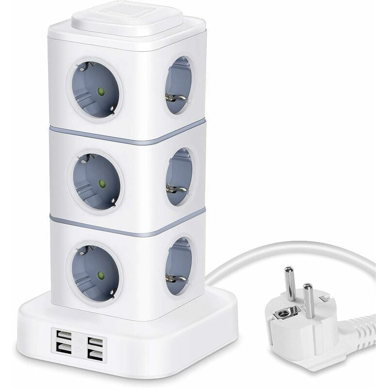 foto del prodotto torre multipresa, multipresa elettrica a 12 prese 2500 w 10 a con 4 porte usb, multipresa elettrica con protezione da sovratensione, multipresa