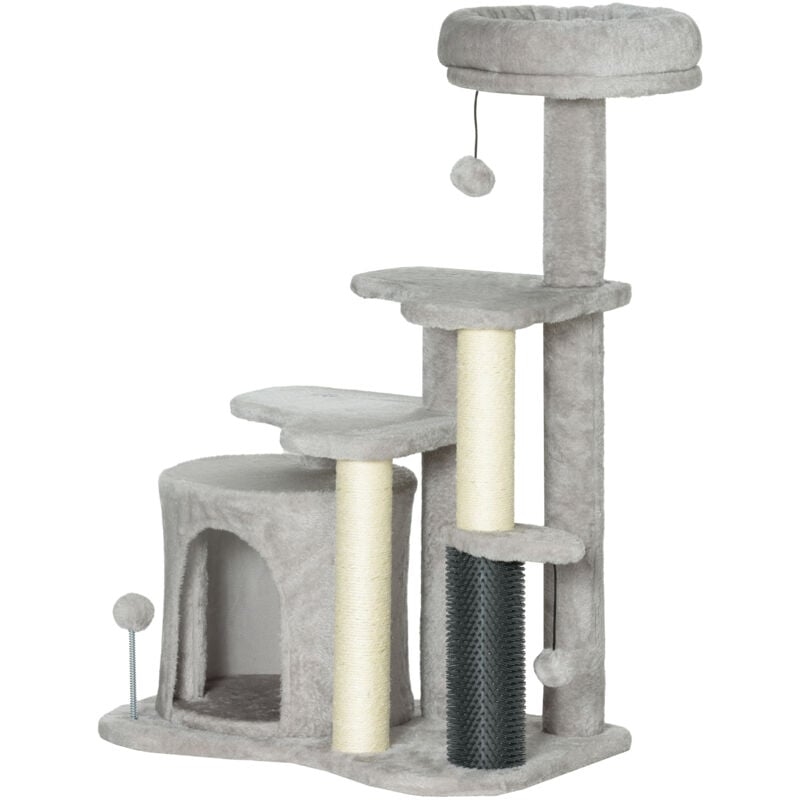 foto del prodotto torre per gatti con casetta, lettino e palline grigio chiaro e crema pawhut