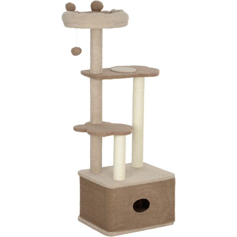 foto del prodotto torre per gatti con lettino, casetta in legno e cachemire marrone pawhut