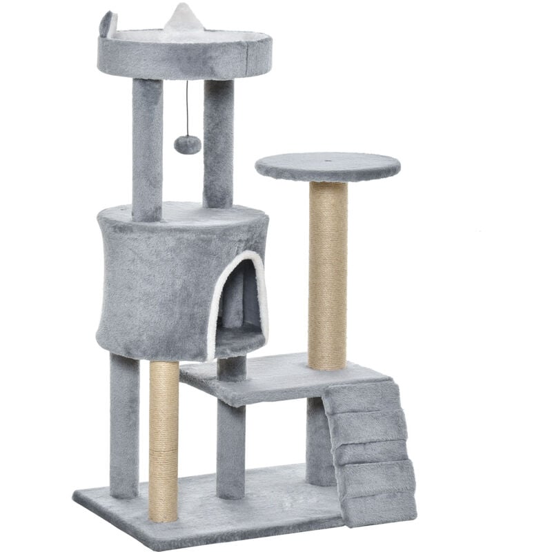 foto del prodotto torre per gatti con trespolo, casetta, rampa e pallina grigio pawhut