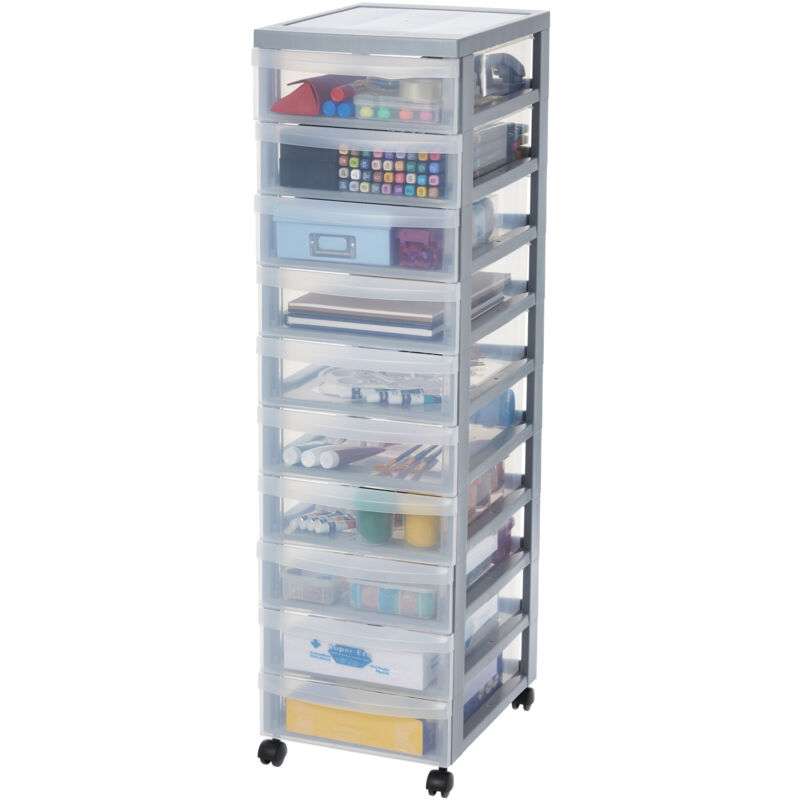 foto del prodotto torre portaoggetti in plastica, 10 scatole portaoggetti per ufficio da 7l, maniglia integrata, 4 ruote rimovibili, dc 010, grigio l29 x p40 x