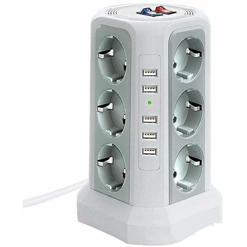 foto del prodotto torretta multipresa con protezione da sovratensione e sovratensione, ciabatta elettrica con 5 porte usb e 12 prese, ciabatta con e 3 interruttori,