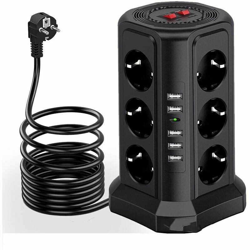 foto del prodotto torretta multipresa con protezione da sovratensione e sovratensione, ciabatta elettrica con 5 porte usb e 12 prese, ciabatta con e 3 interruttori,