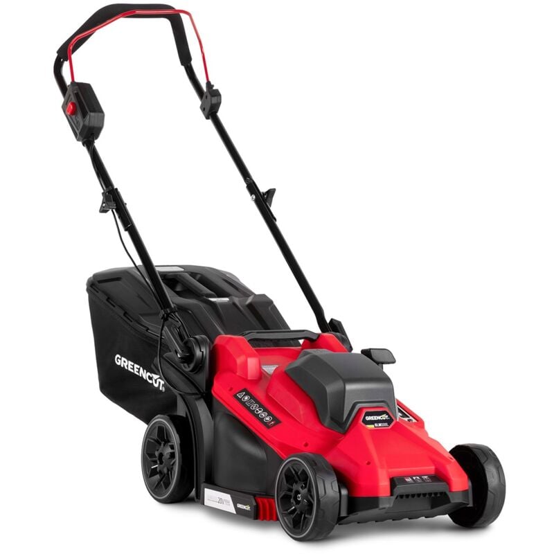 foto del prodotto tosaerba a batteria 20v, 1 batterie 20v 2 o 4 ah 1 caricatore, larghezza di taglio 33cm, 5 altezze, 3300rpm, cestino di raccolta 35l greencut