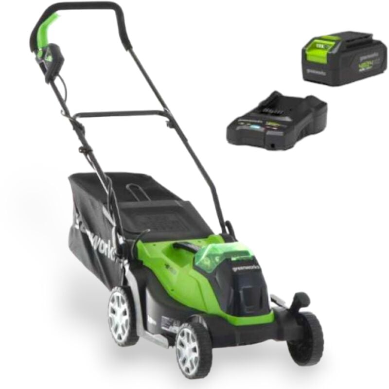 foto del prodotto tosaerba a batteria 48v con batteria e caricabatteria greenworks g48lm36k2