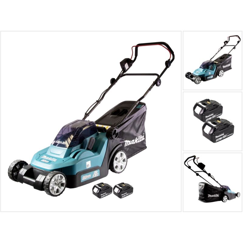 foto del prodotto tosaerba a batteria makita dlm 432 t2 36 v 2x 18 v 43 cm senza spazzole 2x batterie da 5,0 ah senza caricabatterie