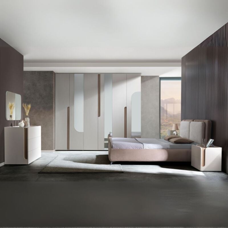 foto del prodotto toscohome camera da letto completa armadio 6 ante con specchi e letto contenitore colore cashmere e olmo biscotto tatido
