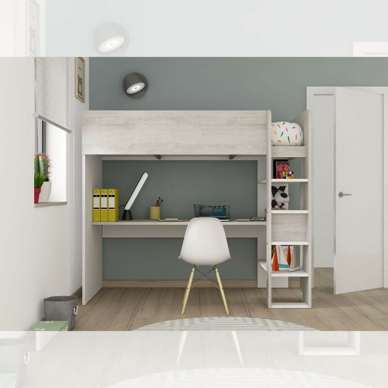 foto del prodotto toscohome cameretta con letto a soppalco e scrivania sottostante colore bianco e bianco consumato