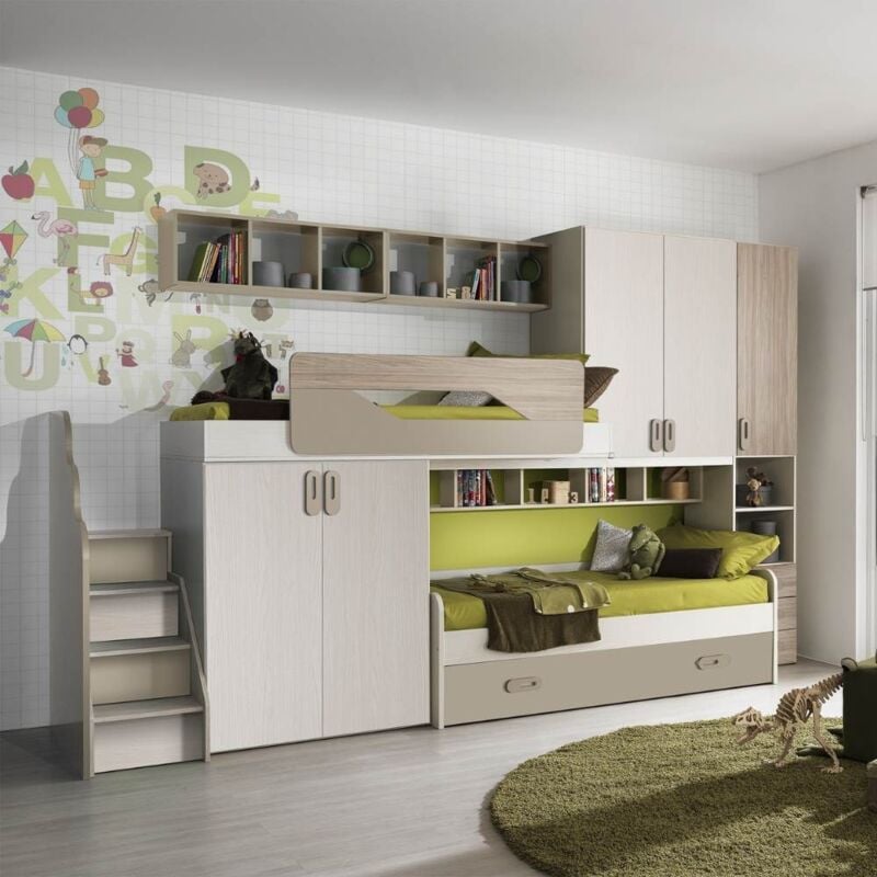 foto del prodotto toscohome cameretta soppalco con 3 letti color talco verde e brown milly