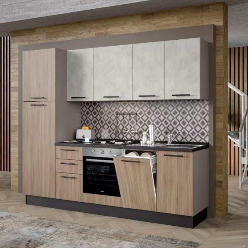 foto del prodotto toscohome cucina moderna con elettrodomestici inclusi 255 cm noce chiaro e spatolato licola