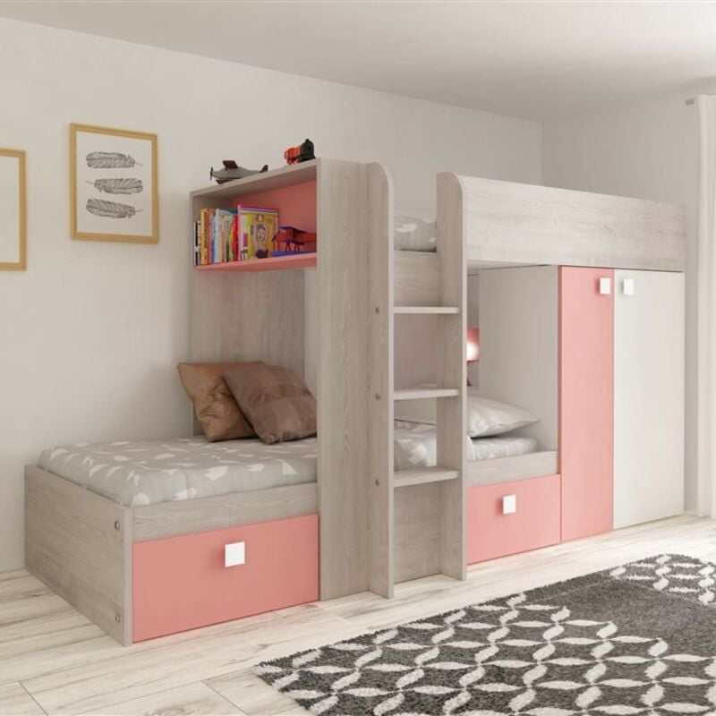 foto del prodotto toscohome letto a castello bunky per due bambini con cassetti e armadio colore bianco consumato e rosa flamingo