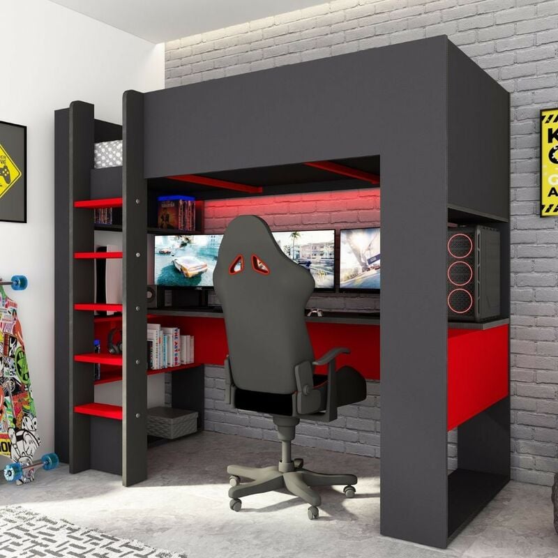 foto del prodotto toscohome letto a castello gamex per bambino con scrivania da gamer colore antracite e rosso